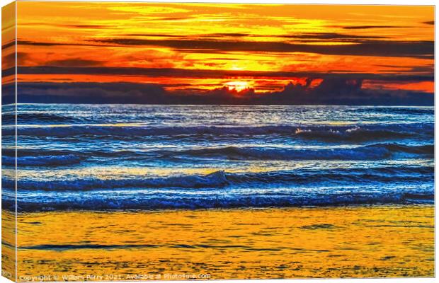 Colorful Sunset Ocean Red Blue Waves Canon Beach Oregon Canvas Print by William Perry