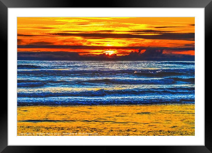 Colorful Sunset Ocean Red Blue Waves Canon Beach Oregon Framed Mounted Print by William Perry