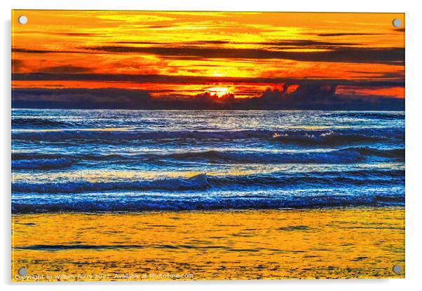 Colorful Sunset Ocean Red Blue Waves Canon Beach Oregon Acrylic by William Perry