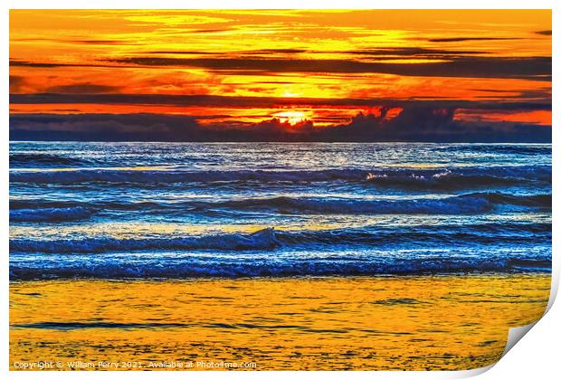 Colorful Sunset Ocean Red Blue Waves Canon Beach Oregon Print by William Perry