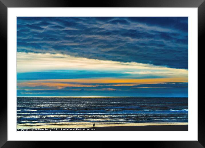 Colorful Sunset Tourist Watching Ocean Canon Beach Oregon Framed Mounted Print by William Perry