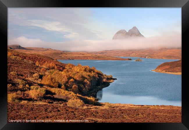 Suilven, Autumn Mists Cam Loch Assynt Scotland Framed Print by Barbara Jones