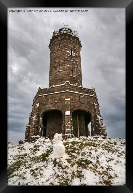 Darwen tower and the snowman Framed Print by Gary Kenyon
