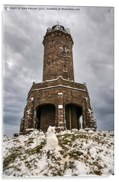 Darwen tower and the snowman Acrylic by Gary Kenyon