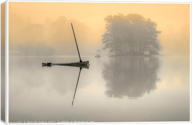 Dead calm on Coniston water mist 02 Canvas Print by PHILIP CHALK
