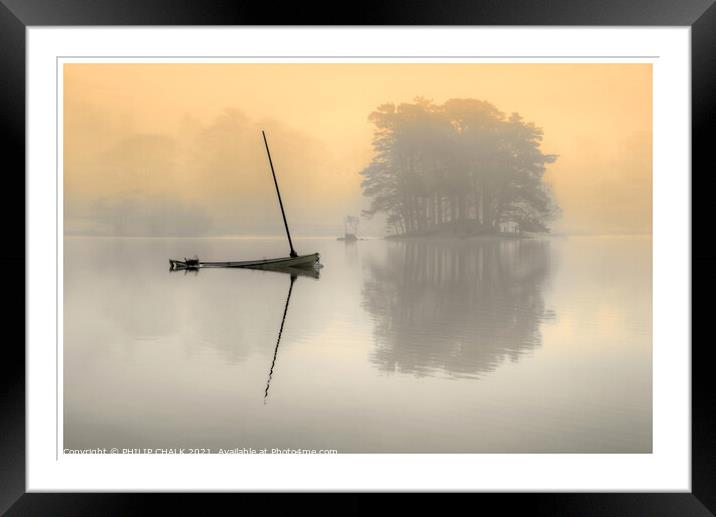 Dead calm on Coniston water mist 02 Framed Mounted Print by PHILIP CHALK