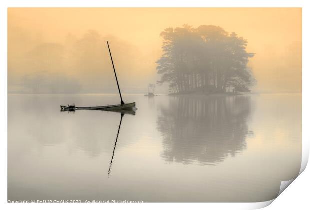 Dead calm on Coniston water mist 02 Print by PHILIP CHALK
