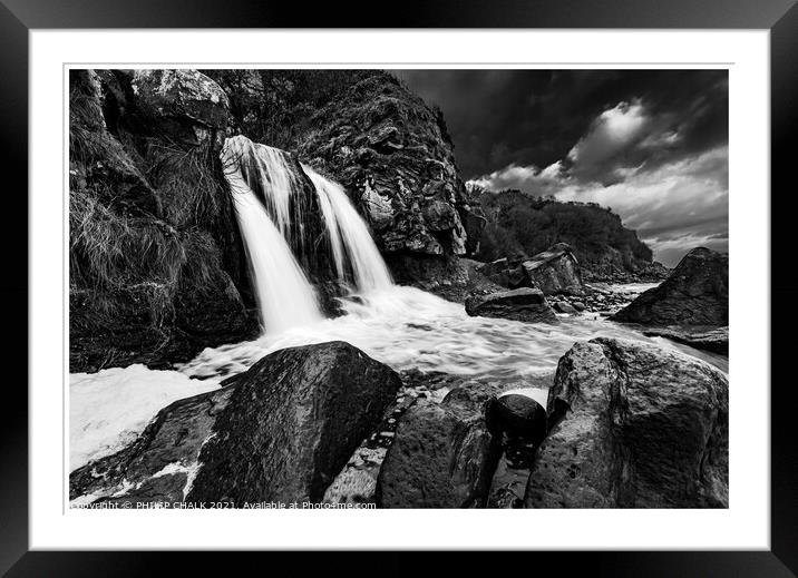 hayburn wyke waterfall in black and white 05 Framed Mounted Print by PHILIP CHALK