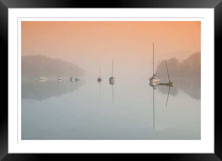 misty lake with sail boats Coniston water 07 Framed Mounted Print by PHILIP CHALK
