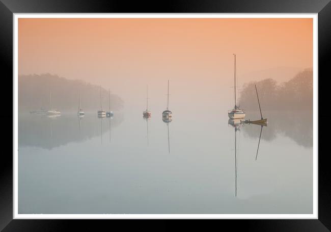 misty lake with sail boats Coniston water 07 Framed Print by PHILIP CHALK
