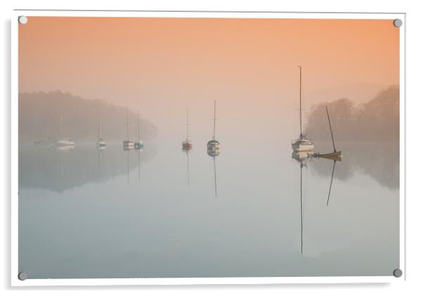 misty lake with sail boats Coniston water 07 Acrylic by PHILIP CHALK