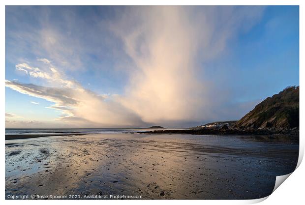 Rain clouds gather at Looe island in Cornwall Print by Rosie Spooner