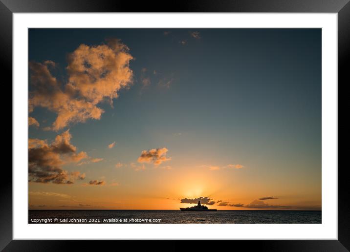 Sunset and the ship Framed Mounted Print by Gail Johnson