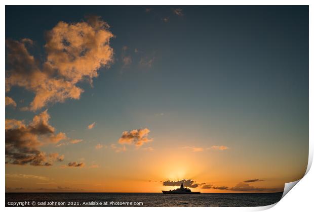 Sunset and the ship Print by Gail Johnson