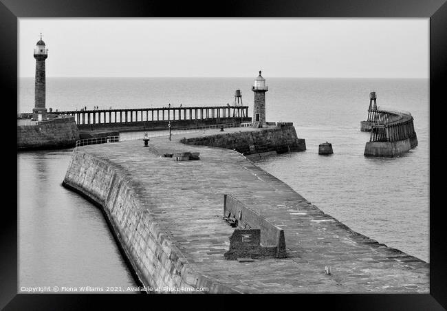 Whitby pier and lighthouses Framed Print by Fiona Williams