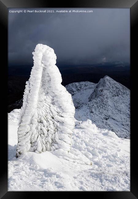 Icy Watkin Path Marker Stone on Snowdon Framed Print by Pearl Bucknall