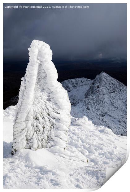 Icy Watkin Path Marker Stone on Snowdon Print by Pearl Bucknall