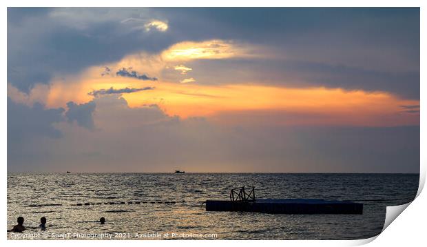 Silhouette of bathers and floating pier at sunset  Print by SnapT Photography