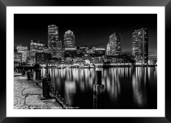 BOSTON Fan Pier Park & Skyline at night | monochro Framed Mounted Print by Melanie Viola