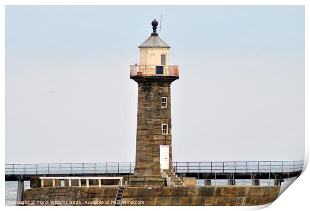 Whitby Lighthouse and pier Print by Fiona Williams