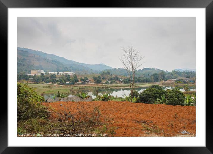 A dull, misty morning, on a rice paddy in Sapa Vietnam, with a lake. Framed Mounted Print by SnapT Photography