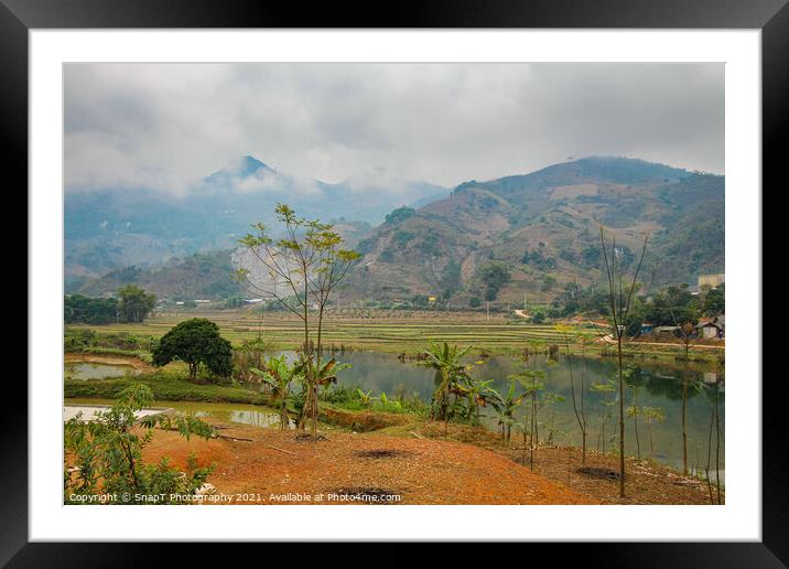A mountain and rice paddy landscape in Sapa, Vietnam, on a winters morning Framed Mounted Print by SnapT Photography