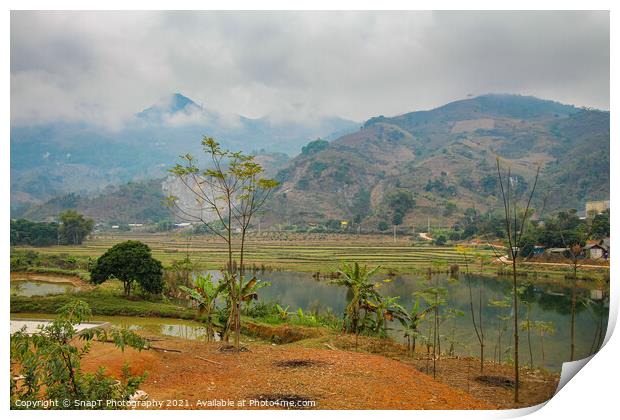 A mountain and rice paddy landscape in Sapa, Vietnam, on a winters morning Print by SnapT Photography