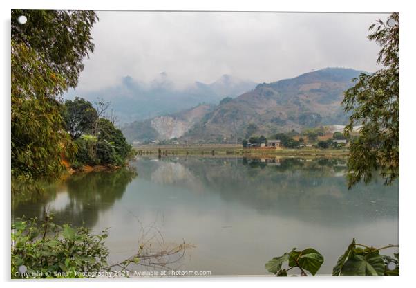 A mountain reflection on a lake in a rice paddy, Sapa, Vietnam Acrylic by SnapT Photography