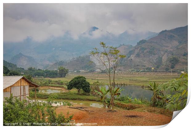 Rice paddy and lake in winter in Sapa, Vietnam Print by SnapT Photography