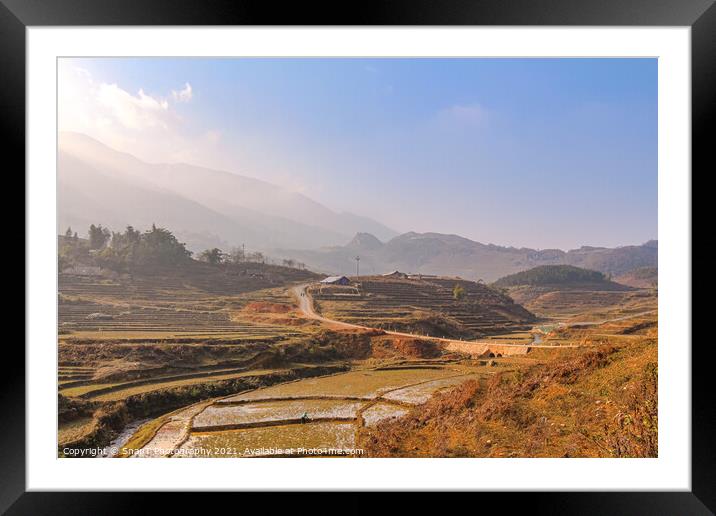 Sun rise over a river valley and rice paddy in Sapa, Vietnam Framed Mounted Print by SnapT Photography