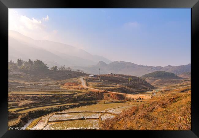 Sun rise over a river valley and rice paddy in Sapa, Vietnam Framed Print by SnapT Photography