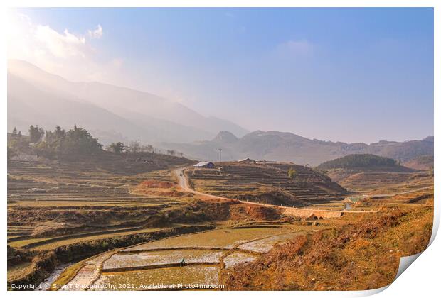 Sun rise over a river valley and rice paddy in Sapa, Vietnam Print by SnapT Photography