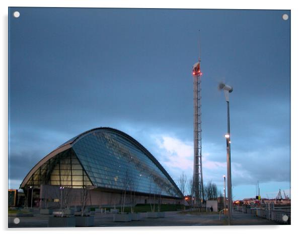 Science centre and tower Glasgow at sunrise Acrylic by Fiona Williams