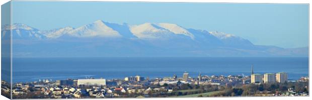 Ayr and a wintry snow covered Arran Canvas Print by Allan Durward Photography