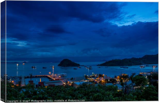 Hill top view over Labuan Bajo harbour in the evening at twilight Canvas Print by SnapT Photography