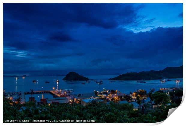 Hill top view over Labuan Bajo harbour in the evening at twilight Print by SnapT Photography