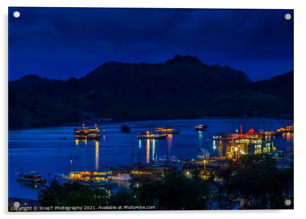 A view over the harbour at Labuan Bajo and nearby island at night Acrylic by SnapT Photography