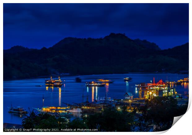 A view over the harbour at Labuan Bajo and nearby island at night Print by SnapT Photography