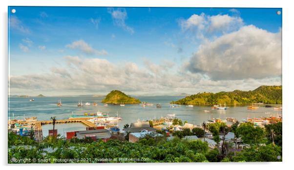 A view over the town of Labuan Bajo and harbour in the morning, Indonesia Acrylic by SnapT Photography