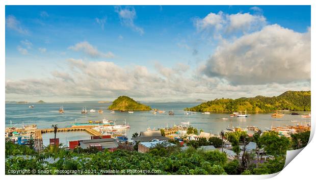 A view over the town of Labuan Bajo and harbour in the morning, Indonesia Print by SnapT Photography