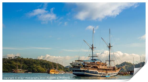 Large yachts in Labuan Bajo harbour in morning Print by SnapT Photography