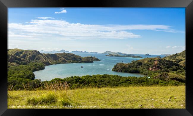 A landscape view over Komodo National Park from Rinca Island, Flores, Indonesia Framed Print by SnapT Photography
