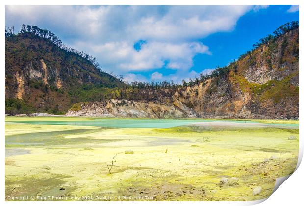 The yellow sulphur deposits and blue lake of Kawah Putih, Indonesia Print by SnapT Photography