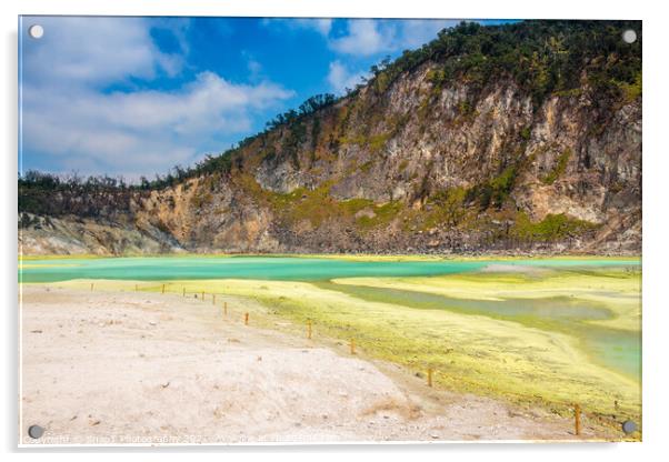 The yellow sulphur deposits and blue lake of Kawah Putih, Indonesia Acrylic by SnapT Photography
