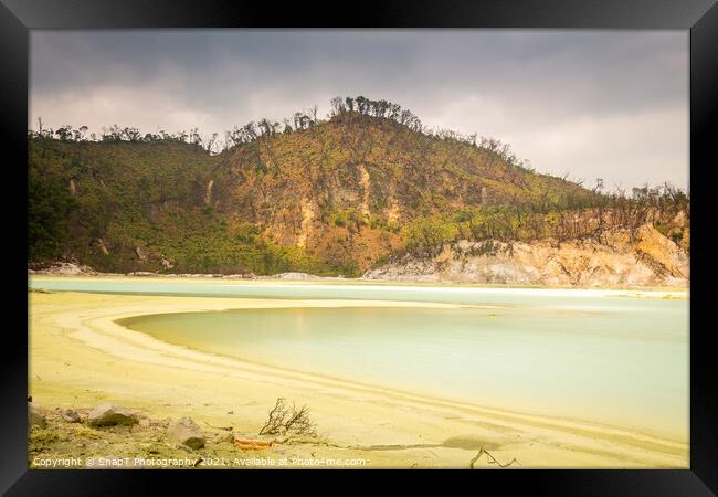 Long exposure of Kawah Putih volcanic sulphur lake inside the crater, Indonesia Framed Print by SnapT Photography