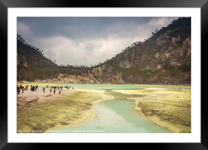 Tourists at the volcanic sulphur crater lake of Kawah Putih, Indonesia Framed Mounted Print by SnapT Photography