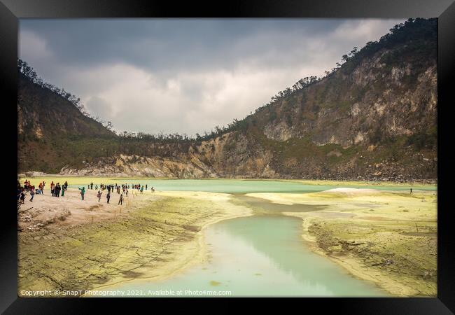 Tourists at the volcanic sulphur crater lake of Kawah Putih, Indonesia Framed Print by SnapT Photography