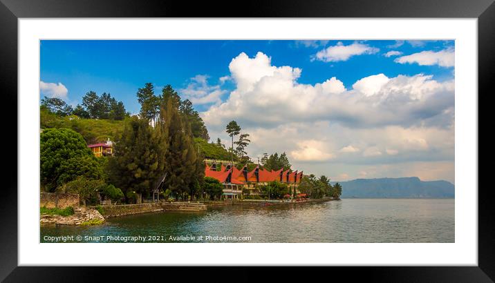 A Bataknese style resort on the shores of Danau Lake Toba, Sumatra, Indonesia Framed Mounted Print by SnapT Photography