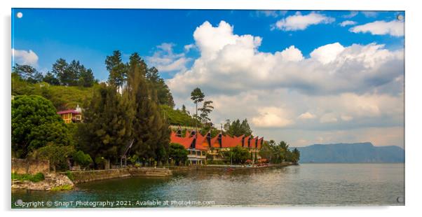 A Bataknese style resort on the shores of Danau Lake Toba, Sumatra, Indonesia Acrylic by SnapT Photography