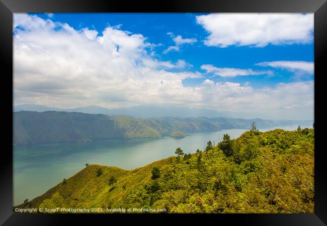 Looking south on the largest volcanic crater lake in the world, Lake Toba Framed Print by SnapT Photography